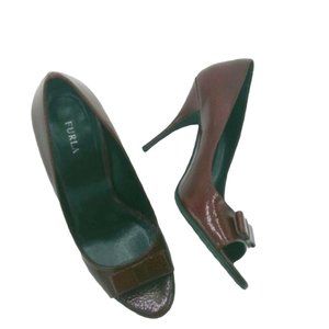 FURLA patent burgundy red leather peep toe bow heels new
